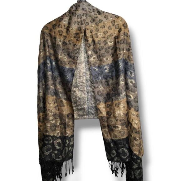 Scarf Wrap Animal Print Gold Metallic Black Cheetah Gray Brown 36x72 - Picture 1 of 14